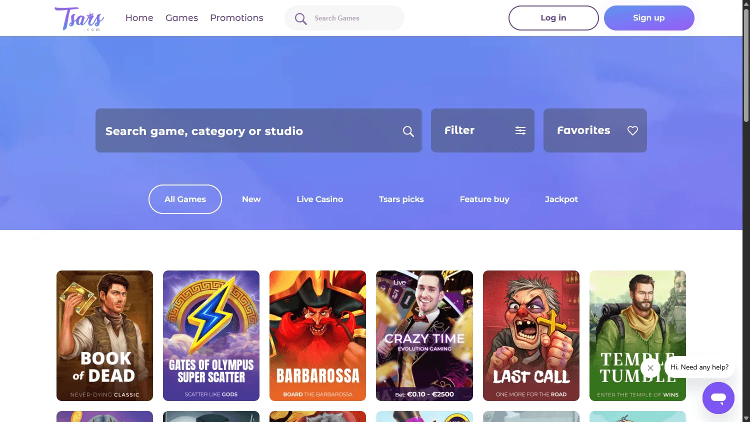 Tsars Casino games screen on desktop
