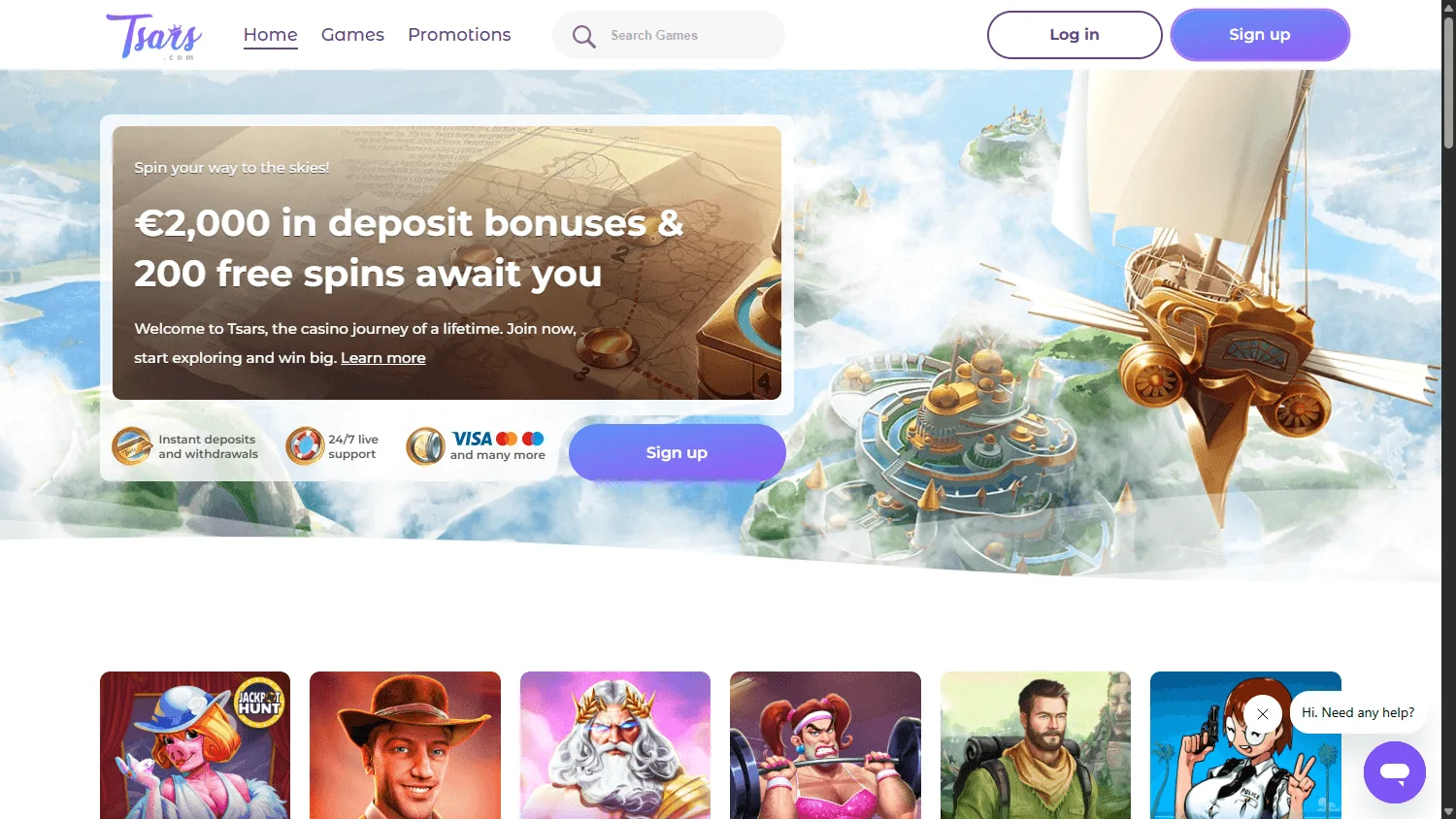 Tsars Casino home screen on desktop