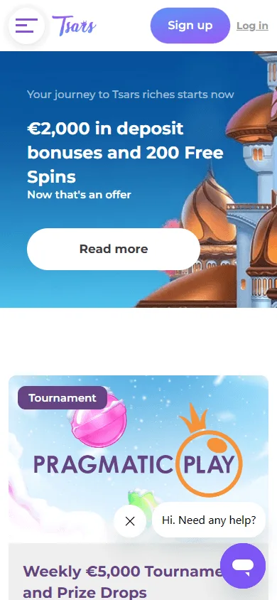 Tsars Casino promotions screen on a mobile device
